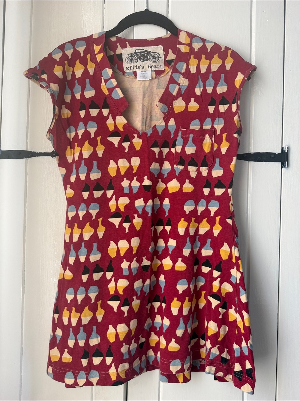 Effie's Heart Short Sleeve V-Neck Tunic in Burgundy with Multi-Color Print
